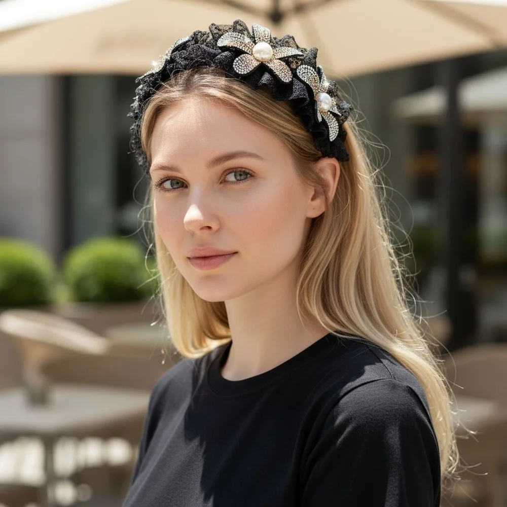 Black Lace Headband Embellished Faux Pearl and Rhinestone Sunflowers Side Tilt